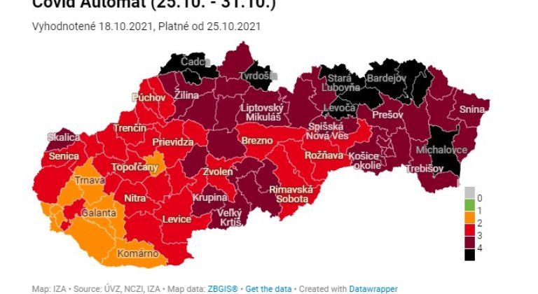 Od pondelka bude až 10 okresov v čiernej farbe. Dunajská Streda ostáva v oranžovej