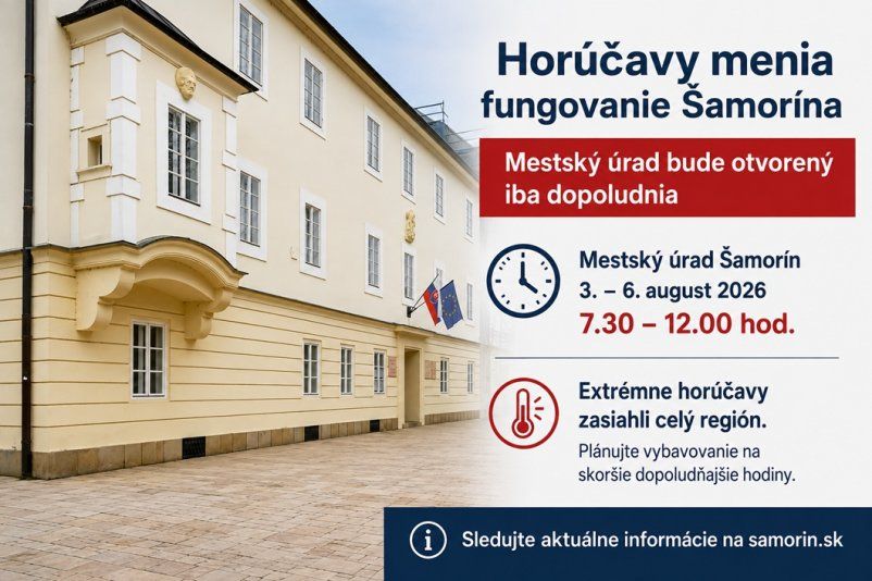 Horúčavy menia fungovanie Šamorína. Mestský úrad bude otvorený iba dopoludnia Horúčavy menia fungovanie Šamorína. Mestský úrad bude otvorený iba dopoludnia